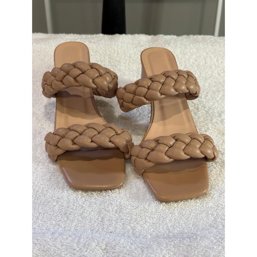 Tan Braided Double Strap Block Heel Sandals Square Toe Mules Size 39 Minimalist